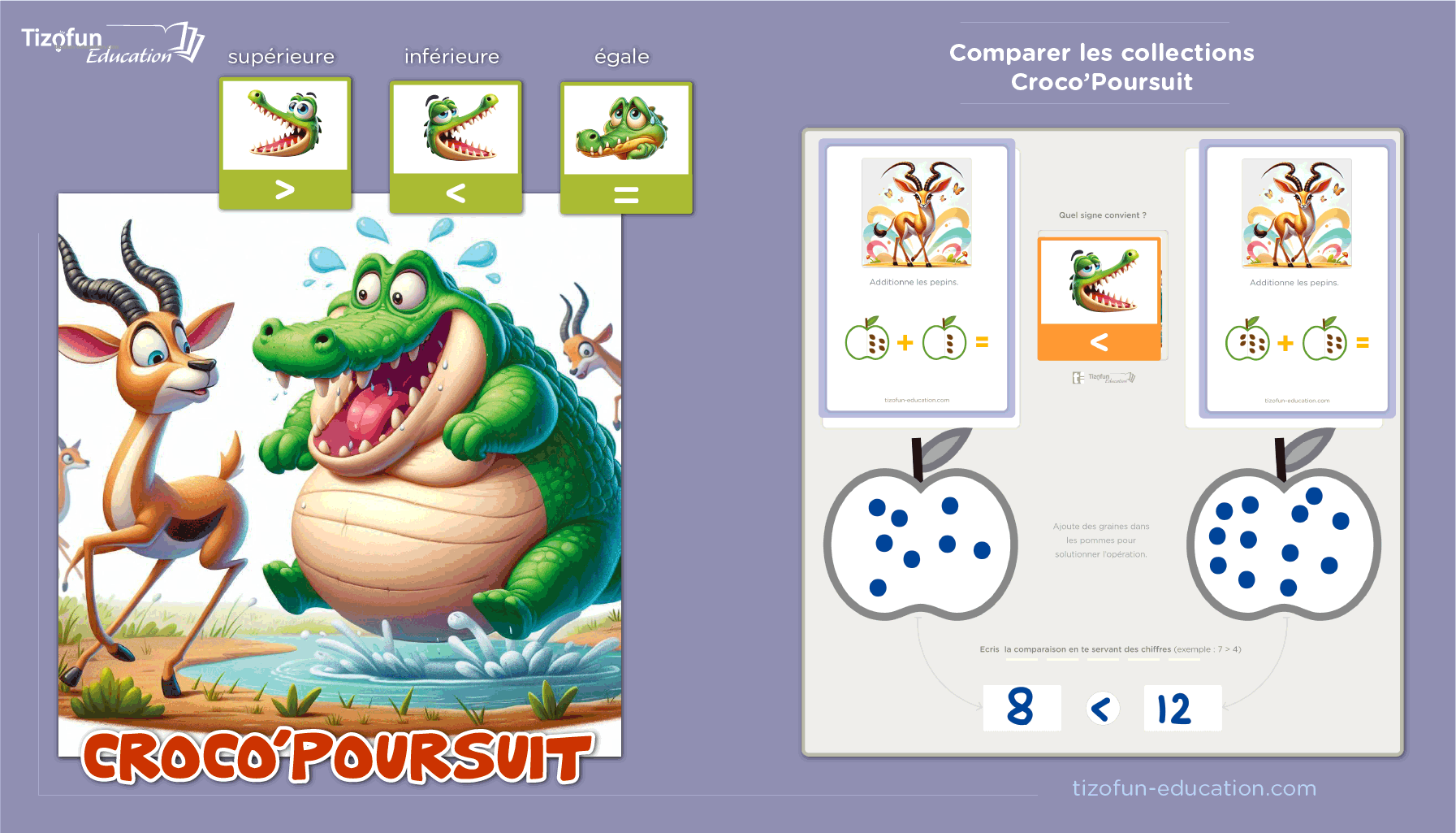 Croco ‘Poursuit : Le Jeu pour Apprendre la Comparaison des Quantités et nombres avec les signes mathématiques > < =