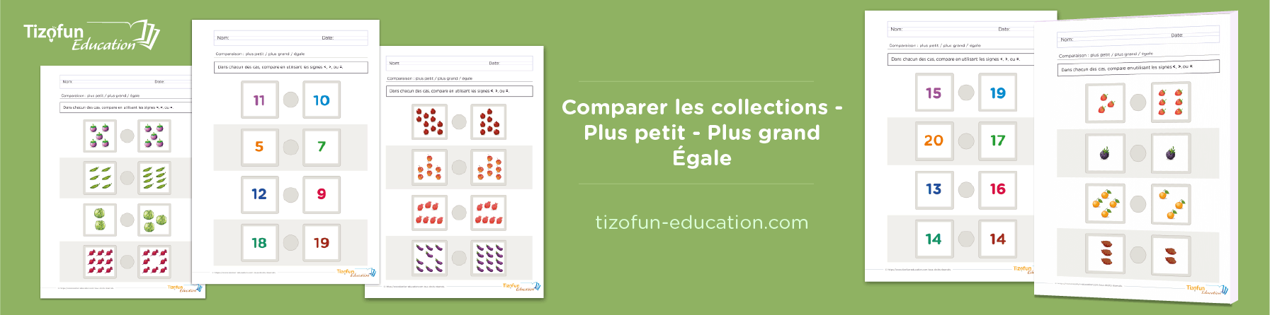 Fiches à imprimer pour comparer les nombres de 1 à 20 avec les signes