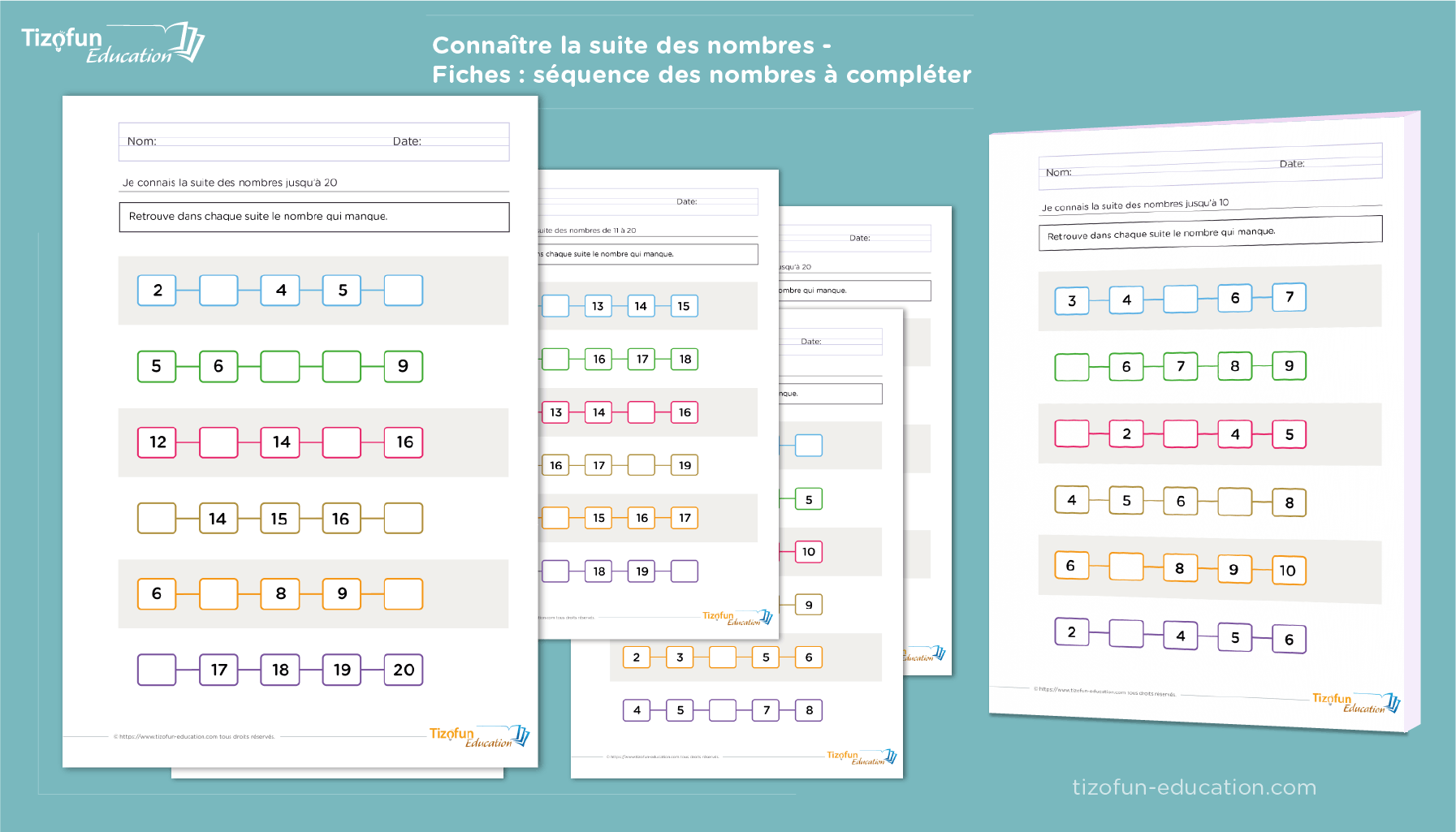 Exercices sur la suite des nombres jusqu'à 20 pour enfants de Maternelle et CP