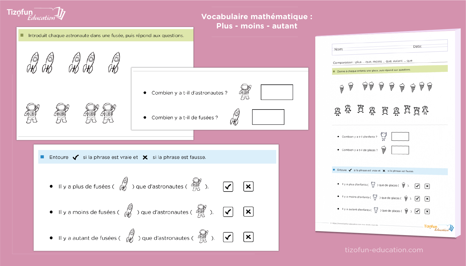 Exercices de comparaison des quantités pour enfants : plus, moins, autant