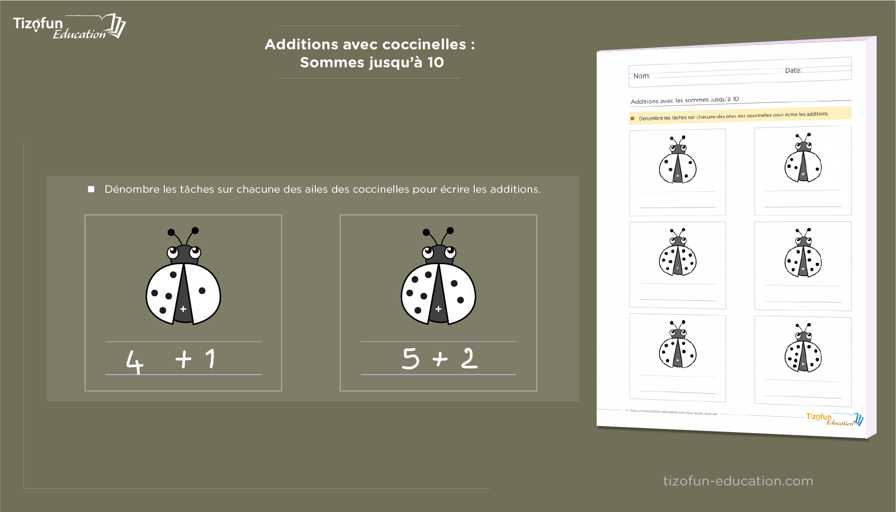 Apprendre l'addition jusqu'à 10 avec des coccinelles: Fiches et exercices