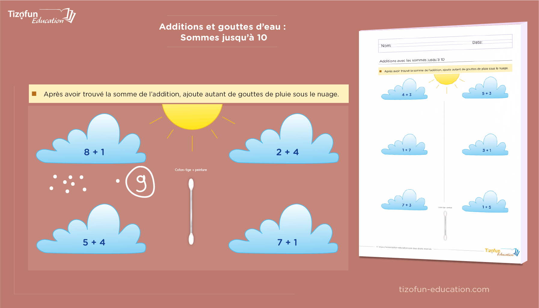 Addition avec les Sommes Jusqu'à 10 pour Maternelle - Additionner puis ajouter les gouttes d'eaux Fiches et Activités Amusantes