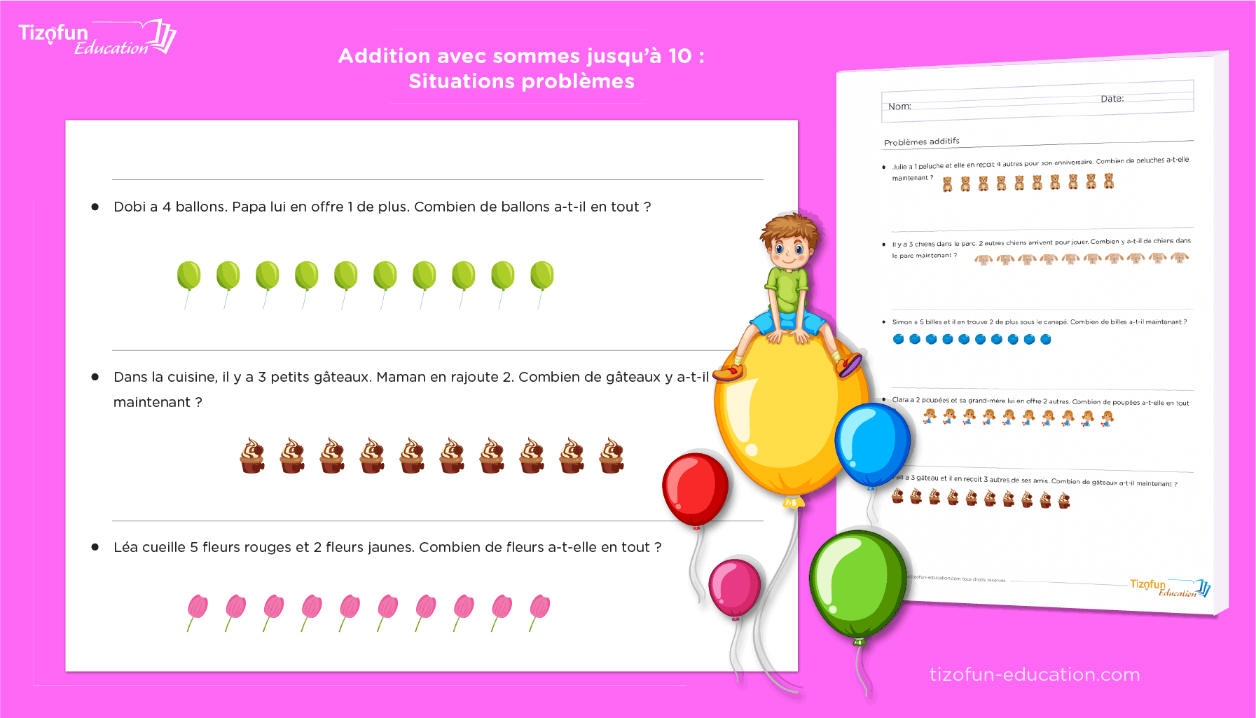 Problèmes additifs avec des sommes jusqu'à 10 : Fiches à imprimer