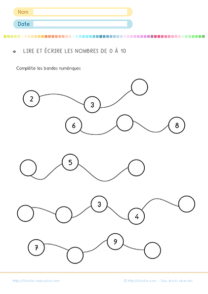 complète les bande numériques pour apprendre la suite des nombres jusqu'à 10