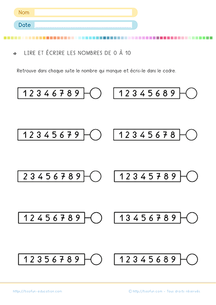 fiches d'exercices pour apprendre les nombres de 1 à 10 au CP - lire et écrire les nombres de 0 à 10 - le nombre qui manque