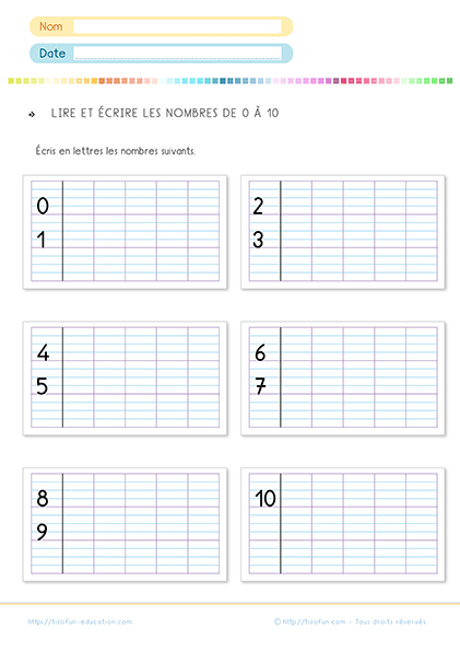 exercices pour apprendre à écrire les nombres de 0 à 10 en lettres CP CE1