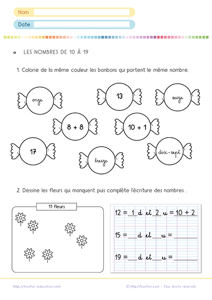 Exercices pour apprendre les nombres de 10 à 19 au cp et ce1