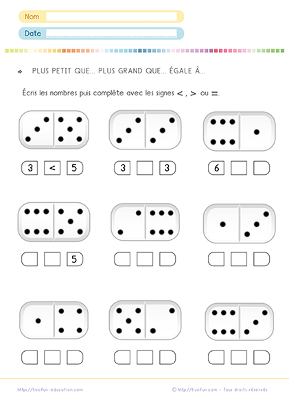 Apprendre les signes mathématiques plus grand, plus petit, égal en se servant des dominos