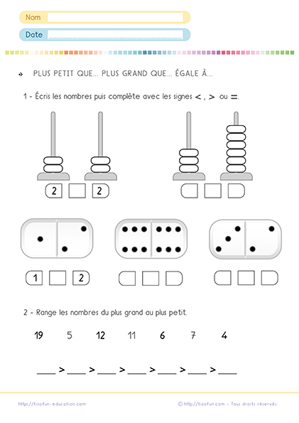 Fiche pour s'exercer sur la comparaison des nombres au CP