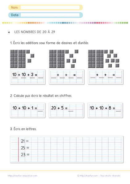 Activités éducatives sur les nombres de 20 à 29 - décomposer le nombre - rédiger sous forme de dizaines et d'unités