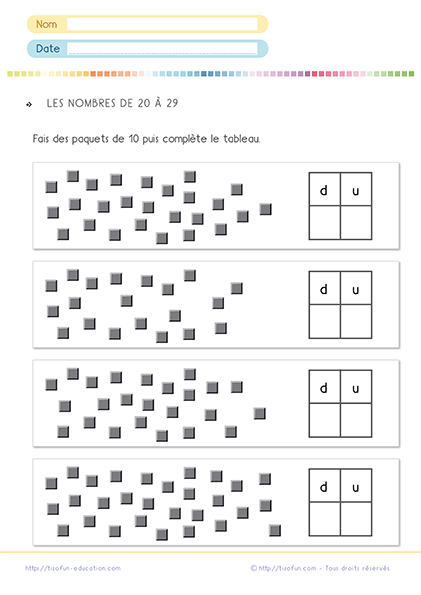 Exercices pour apprendre comment écrire les nombres de 20 à 29 sous forme de dizaines et unités - remplir un tableau en y inscrivant la valeur de chaque nombre.