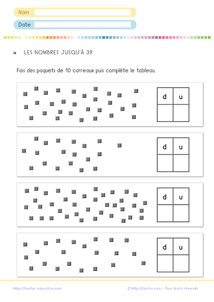 Fiche d'activités pour apprendre les nombres de 30 à 39 facilement aux enfants - Rempli un tableau avec les dizaines et unités