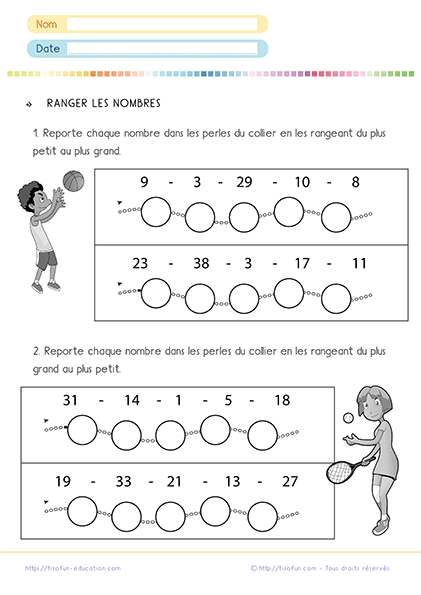 Fiche pédagogique pour apprendre à ranger les nombres du plus petit au plus grand et vice versa