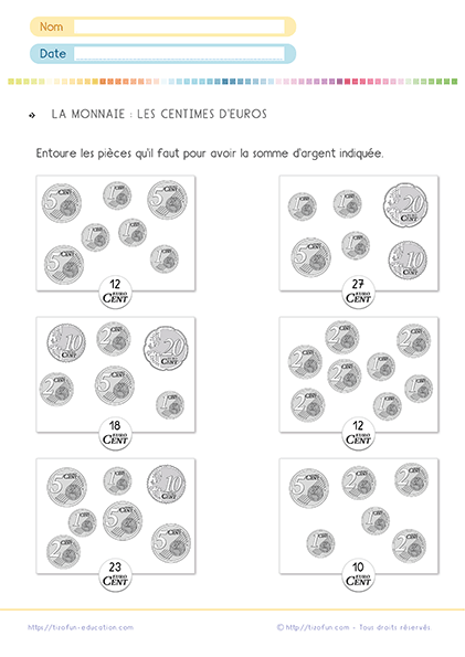 Construire le montant affiché en centimes d'euro en choisissant les pièces qui conviennent - Exercices sur les centimes d'euro