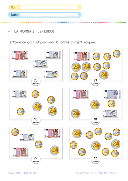 Reconstituer la somme en euro - exercices pour apprendre à se servir des euros en CP et CE1