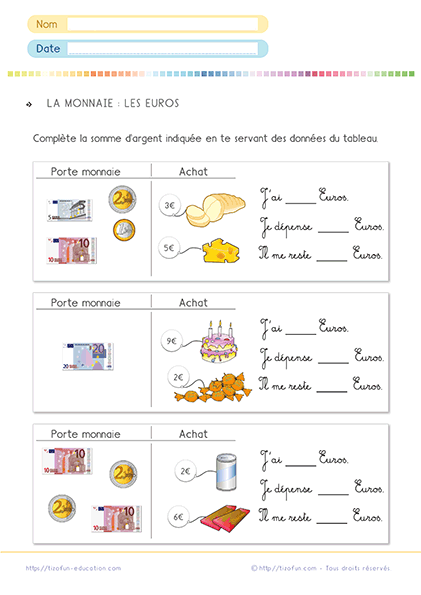 Fiche exercices sur les euros et centimes au CP et CE1 - Situation problèmes euros