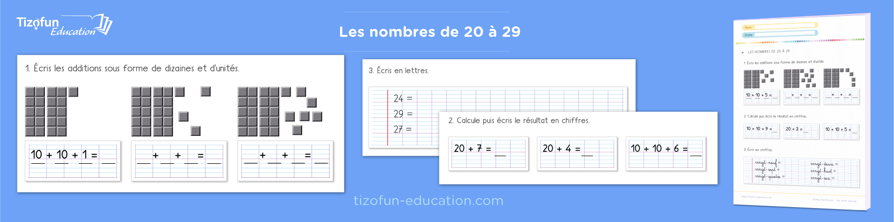 Exercices pour apprendre les nombres de 20 à 29 - fiches éducatives et ressources gratuites pour apprendre les nombres jusqu'à 29