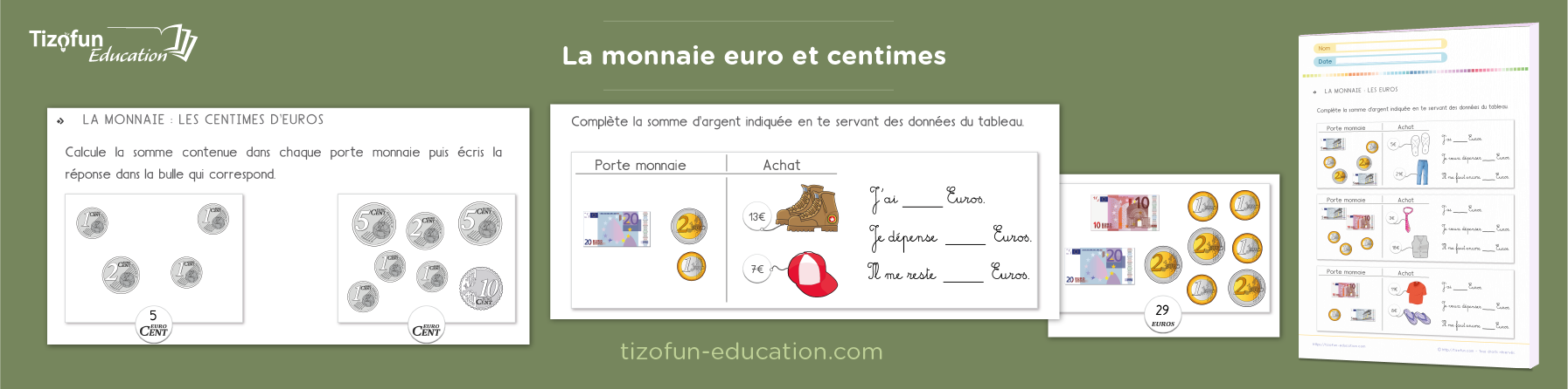 Apprendre la monnaie euro aux enfants avec des exercices sur l'euro et les centimes