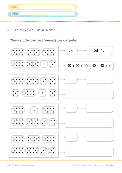 Exercices sur les nombres de 50 à 59 CP CE1