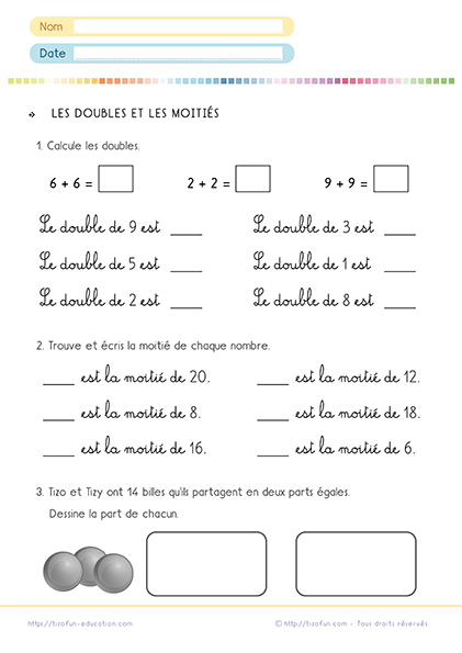 Comment expliquer les doubles et moitiés au CP - Fiche à imprimer