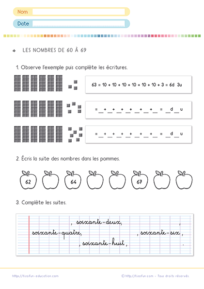 Fiche pour apprendre les nombres de 60 à 69 au CP et CE1