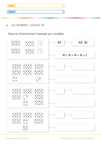 Exercices sur les nombres de 60 à 69 au primaire - activités dès le CP