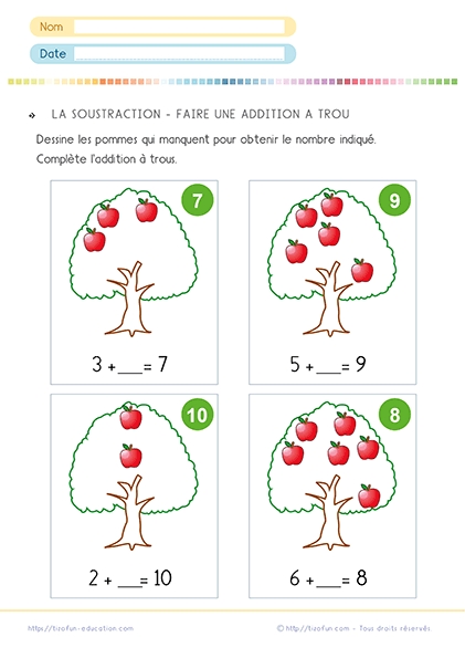 fiche pour apprendre la soustraction au CP