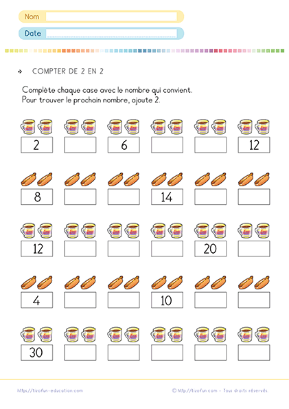 Fiche pour apprendre à compter de 2 en 2 en primaire - Exercices dès le CP