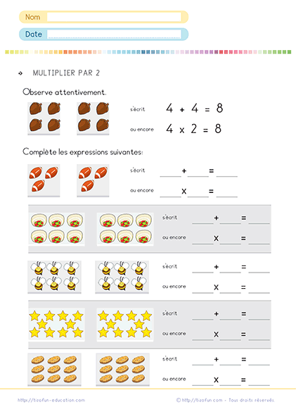 Fiche pour apprendre la multiplication par 2 au CP et CE1