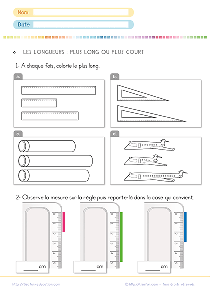 Exercices pour apprendre à mesurer les longueurs avec une règle pour les enfants