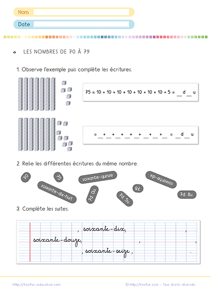 Fiche d'activités pour apprendre les nombres de 70 à 79 en primaire