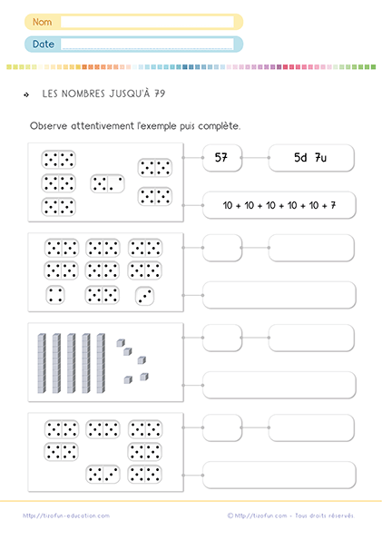 Exercices sur les nombres de 70 à 79 pour le CP et CE1