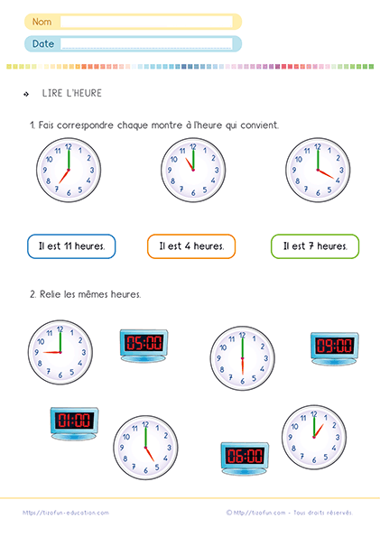 Exercices à imprimer pour comprendre l'heure au CP et au CE1 facilement