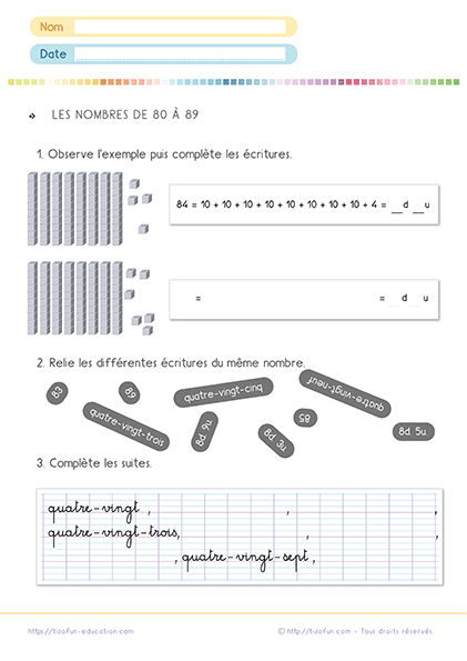 Exercices sur les nombres de 80 à 89 au primaire - Activités pour le CP et CE1