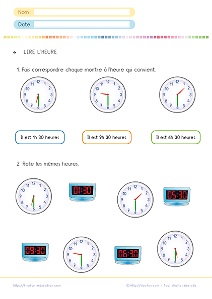 Fiche pour apprendre la demi-heure au primaire