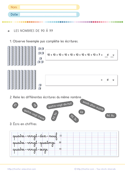 Fiche d'activités gratuite pour apprendre les nombres de 90 à 99 au CP et CE1