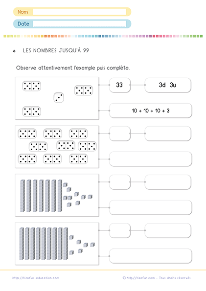 Exercices pour apprendre comment lire et écrire les nombres de 90 à 99