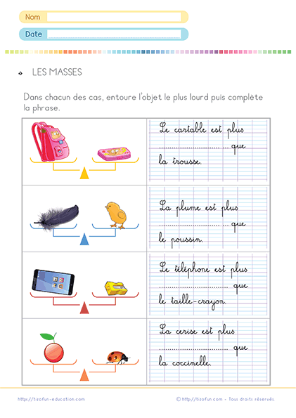 Fiche d'activités pour apprendre aux enfants Comment comparer les masses au CP et CE1