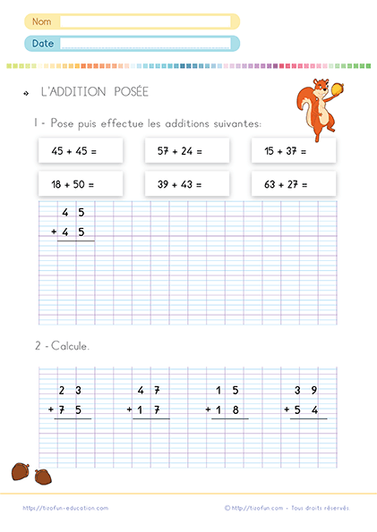 Fiche addition posée avec et sans retenue au CP et CE1 pdf gratuit