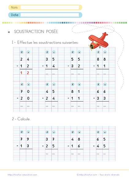 Exercices pour apprendre la soustraction posée avec et sans retenue au CP et CE1