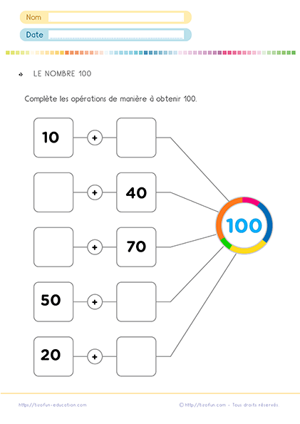 Fiche d'activités avec des exercices et activités sur le nombre 100