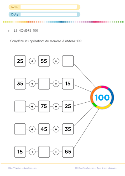 Fiche à imprimer - le nombre 100 expliqué aux élèves du CP et CE1