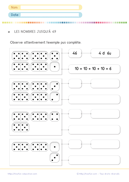 Activités pédagogiques sur les nombres de 40 à 49 - écrire les dizaines et unité