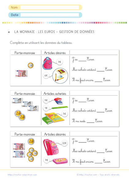 Exercices pour initier les enfants à la gestion de l'argent en euros