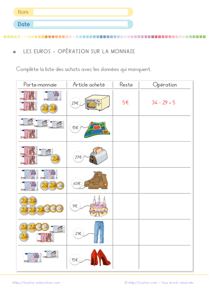 Fiche d'activités pour apprendre à manipuler l'argent - situation problème euro et centimes euro