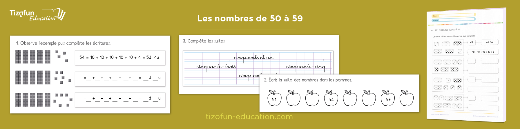 Apprendre les nombres de 50 à 59 en primaire avec des exercices et activités ludiques