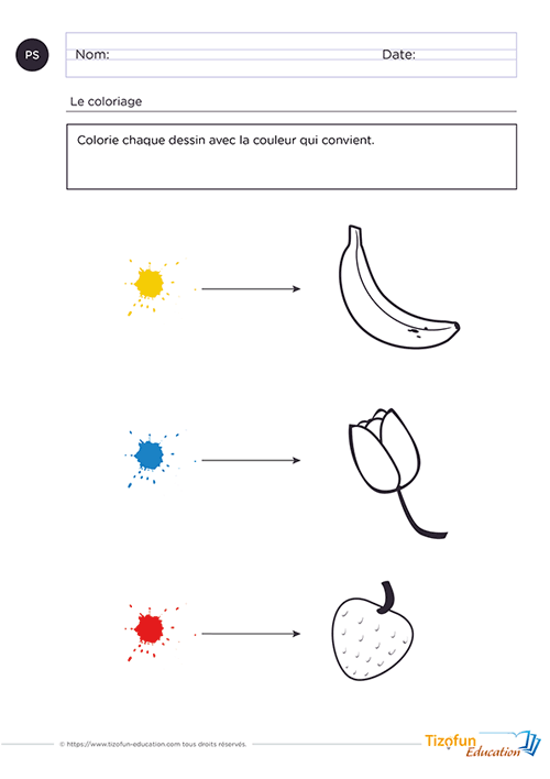 Coloriage des couleurs de base en petite section de Maternelle – Associer chaque dessin à la bonne couleur (PS)