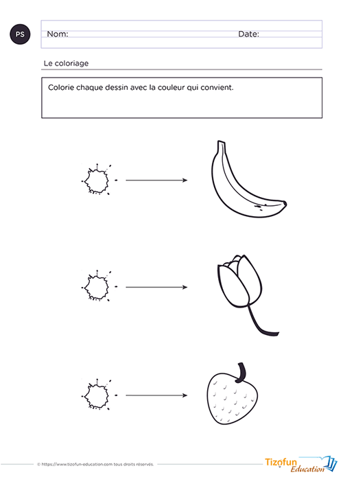 Fiche coloriage couleurs PS objets du quotidien pour apprendre les couleurs en maternelle