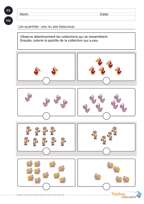 Prévisualisation de la fiche comparer les quantités peu ou beaucoup PS MS.