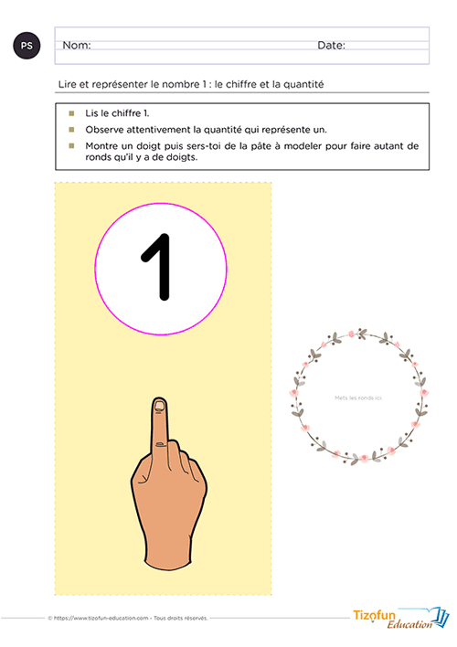 Prévisualisation de l'activité sur le nombre 1 en Petite Section avec pâte à modeler.